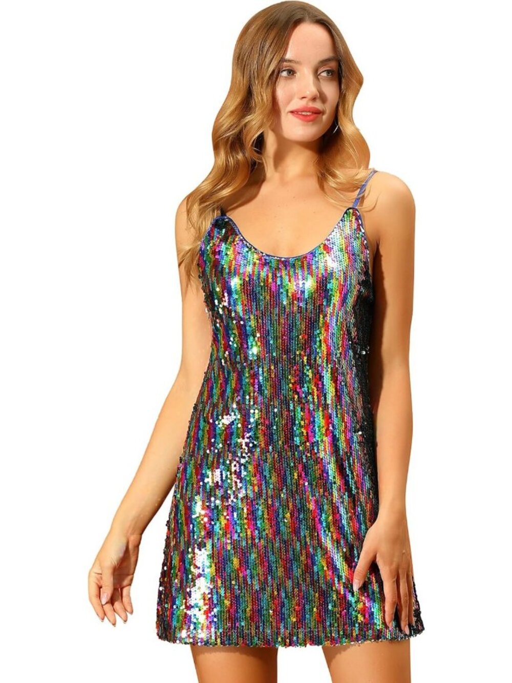 Sparkly Mini Dress with Glitter Sequins, Spaghetti Straps, V-Neck, Party